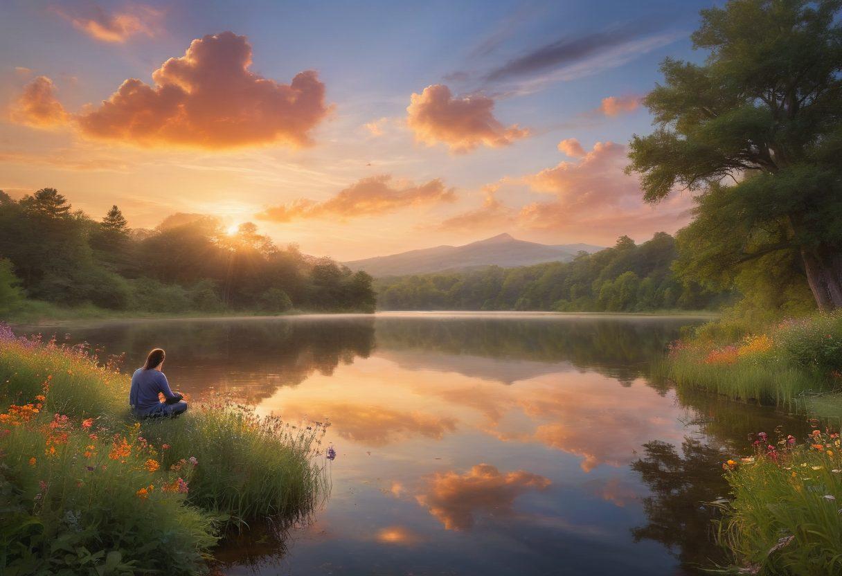 A serene landscape featuring a peaceful sunrise over a tranquil lake, surrounded by lush greenery and colorful wildflowers. Include a calm figure meditating by the water's edge, radiating a warm glow of serenity. Soft, ethereal clouds float in the sky, symbolizing emotional healing and fulfillment. Vibrant colors blend harmoniously to evoke a sense of calm and well-being. super-realistic. vibrant colors. peaceful atmosphere.