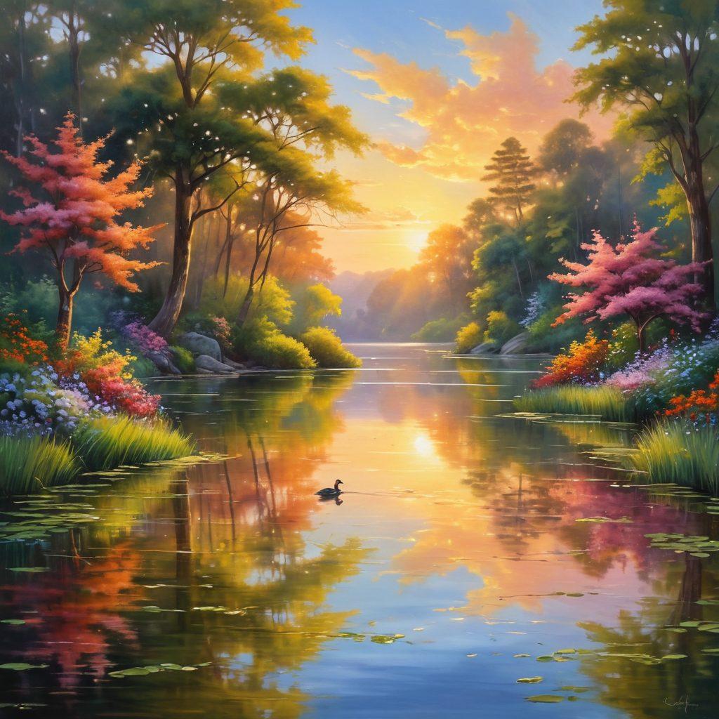 A serene landscape depicting a warm sunrise over a tranquil lake, symbolizing inner peace and joy. Include a meditating figure on the shore, surrounded by blooming flowers and gentle birds in flight. The atmosphere conveys a sense of calm and happiness, inviting viewers to reflect on their journey to contentment. lush colors, soft lighting, and whimsical elements evoke a sense of magical realism. vibrant colors. painting.