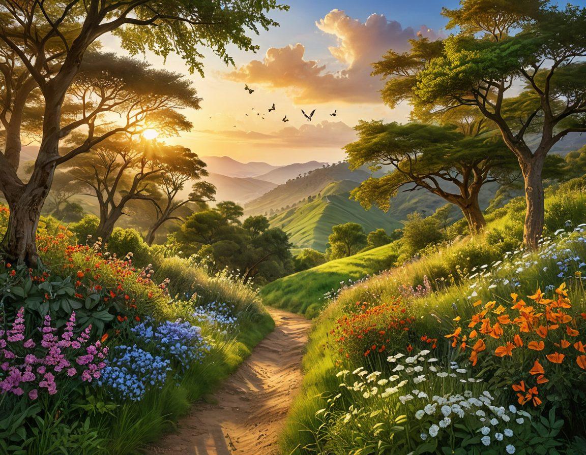 A serene landscape depicting a sunrise over a lush green valley, with a winding path leading through blooming flowers. People of diverse backgrounds walking hand-in-hand, laughing, and sharing moments of joy. Soft rays of sunlight filtering through trees, symbolizing warmth and optimism. Elements like butterflies and birds accentuating the theme of freedom and happiness. vibrant colors. super-realistic.